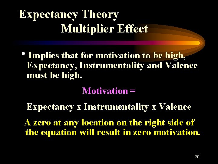 Expectancy Theory Multiplier Effect h. Implies that for motivation to be high, Expectancy, Instrumentality