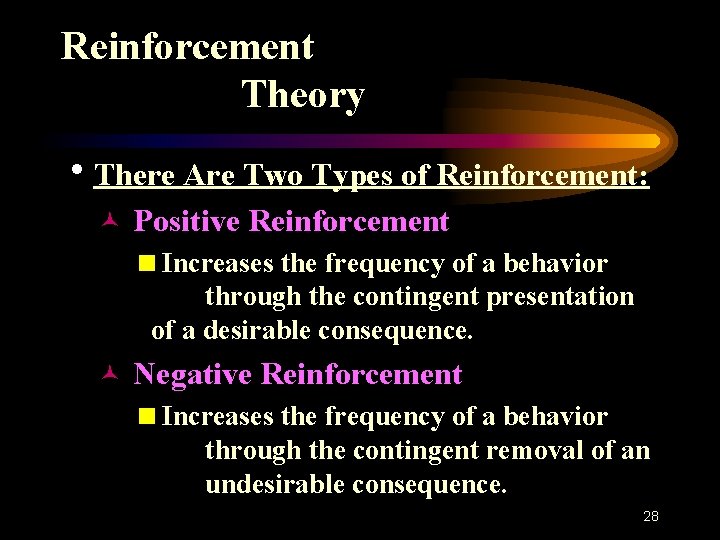 Reinforcement Theory h. There Are Two Types of Reinforcement: © Positive Reinforcement <Increases the