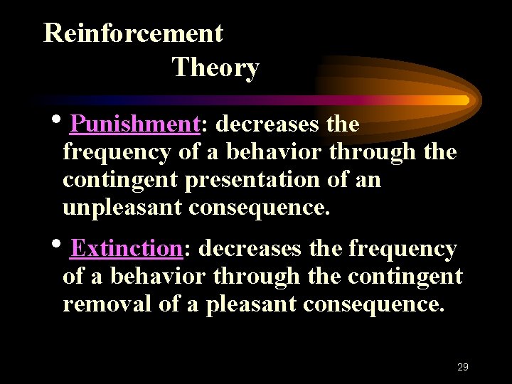 Reinforcement Theory h. Punishment: decreases the frequency of a behavior through the contingent presentation