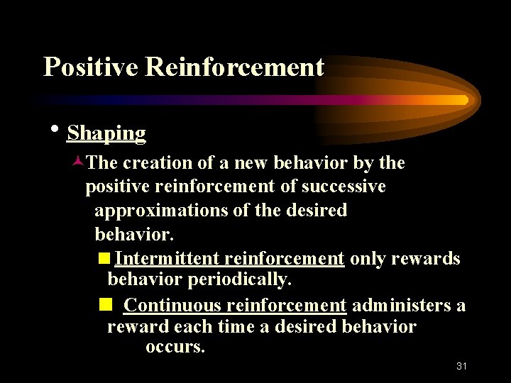 Positive Reinforcement h. Shaping ©The creation of a new behavior by the positive reinforcement