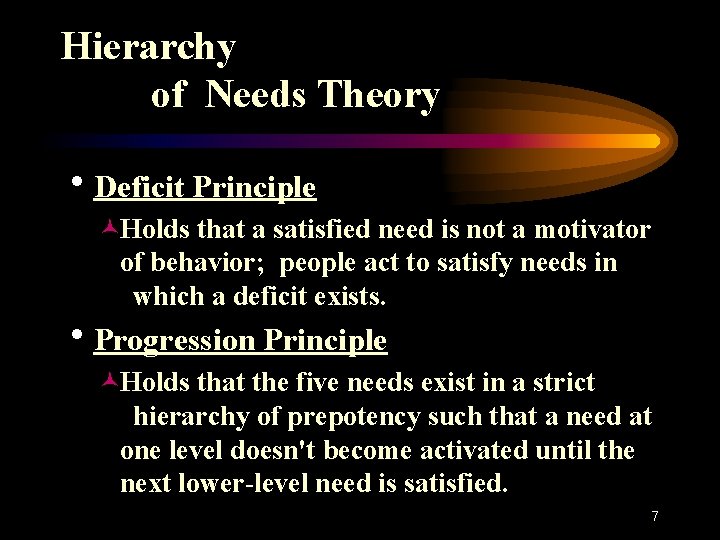 Hierarchy of Needs Theory h. Deficit Principle ©Holds that a satisfied need is not