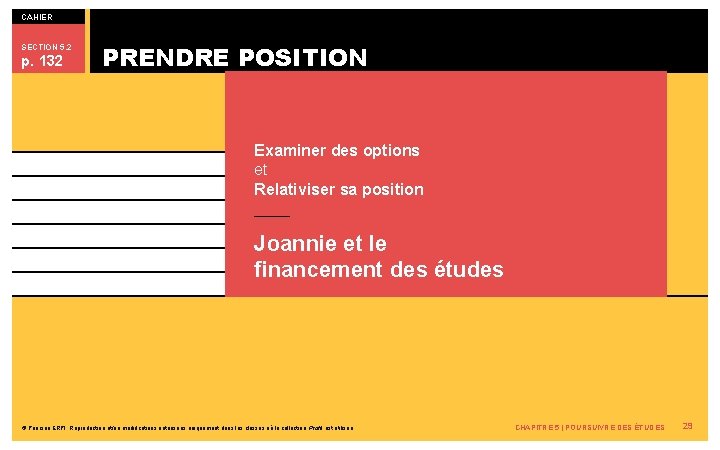 CAHIER SECTION 5. 2 p. 132 PRENDRE POSITION Examiner des options et Relativiser sa