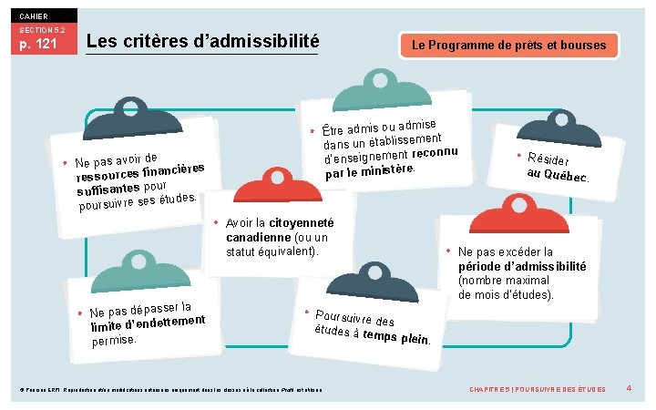 CAHIER SECTION 5. 2 Les critères d’admissibilité p. 121 • • e Ne pas