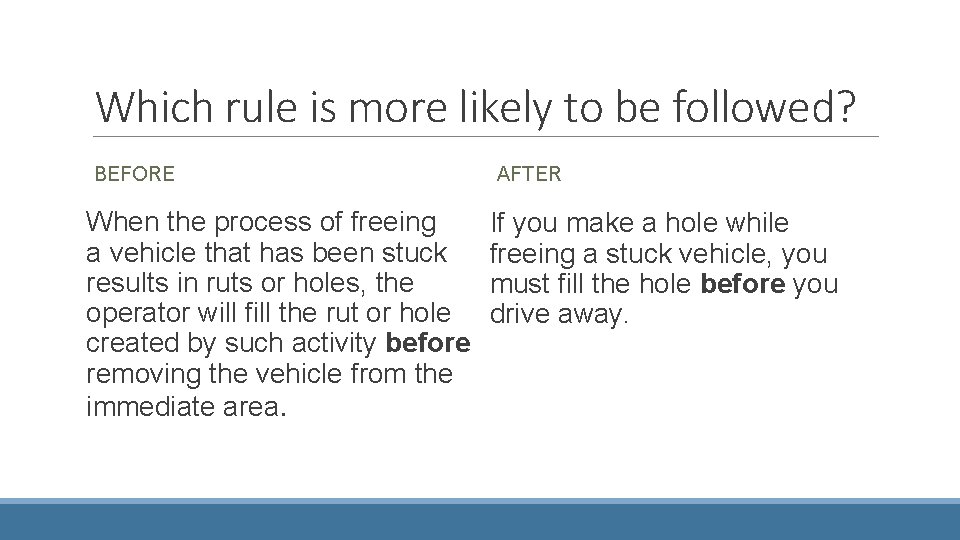 Which rule is more likely to be followed? BEFORE When the process of freeing