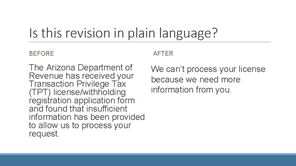 Is this revision in plain language? BEFORE AFTER The Arizona Department of We can’t