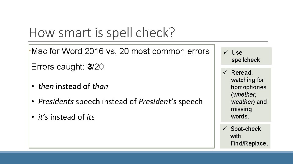 How smart is spell check? ◦Mac for Word 2016 vs. 20 most common errors