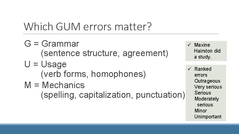 Which GUM errors matter? G = Grammar ü Maxine Hairston did (sentence structure, agreement)