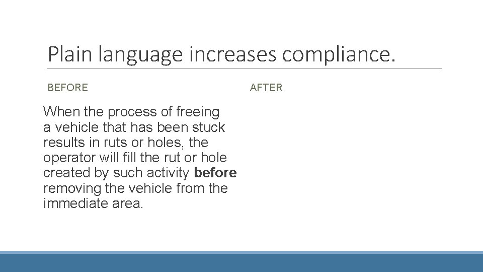 Plain language increases compliance. BEFORE When the process of freeing a vehicle that has