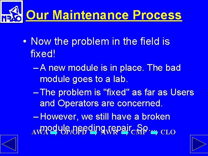 Our Maintenance Process • Now the problem in the field is fixed! – A