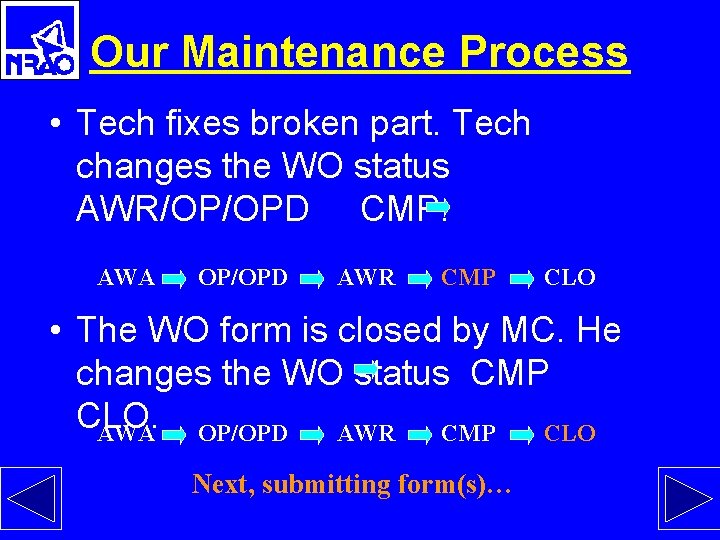 Our Maintenance Process • Tech fixes broken part. Tech changes the WO status AWR/OP/OPD