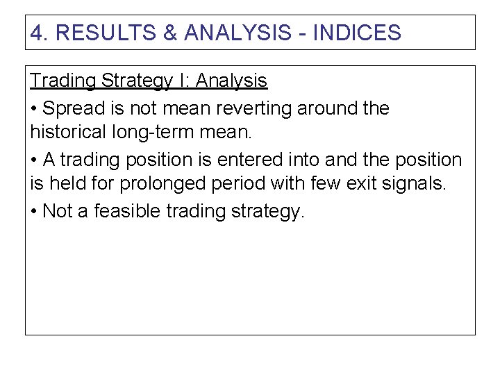 4. RESULTS & ANALYSIS - INDICES Trading Strategy I: Analysis • Spread is not