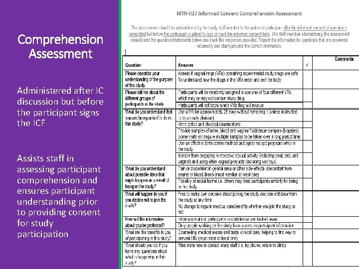 Comprehension Assessment Administered after IC discussion but before the participant signs the ICF Assists