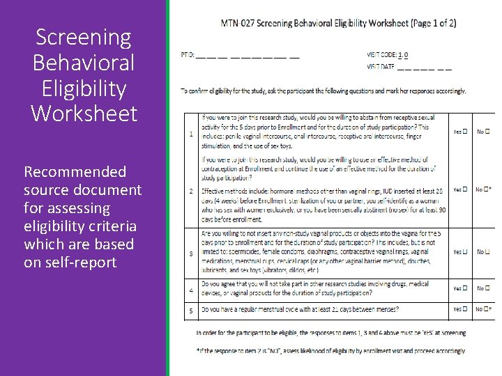 Screening Behavioral Eligibility Worksheet Recommended source document for assessing eligibility criteria which are based