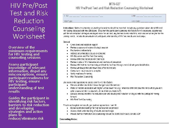 HIV Pre/Post Test and Risk Reduction Counseling Worksheet Overview of the minimum requirements for