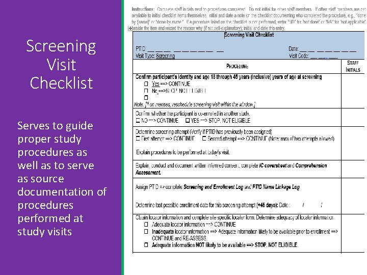 Screening Visit Checklist Serves to guide proper study procedures as well as to serve