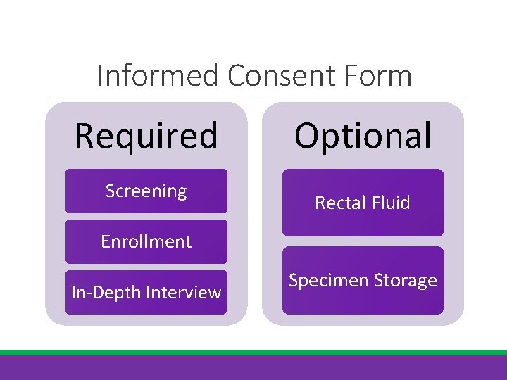 Informed Consent Form Required Screening Optional Rectal Fluid Enrollment In-Depth Interview Specimen Storage 