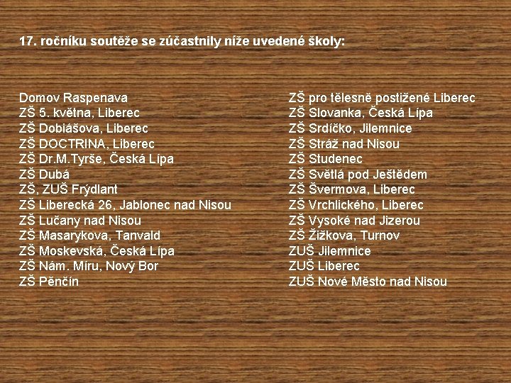 17. ročníku soutěže se zúčastnily níže uvedené školy: Domov Raspenava ZŠ 5. května, Liberec