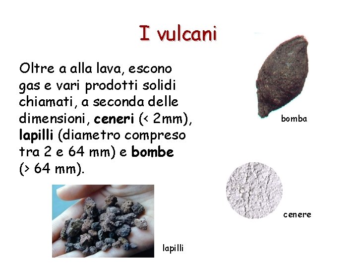 I vulcani Oltre a alla lava, escono gas e vari prodotti solidi chiamati, a