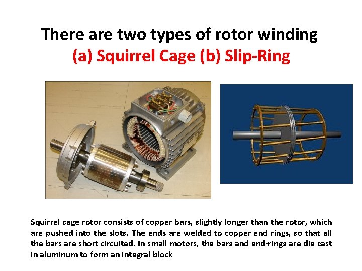 There are two types of rotor winding (a) Squirrel Cage (b) Slip-Ring Squirrel cage