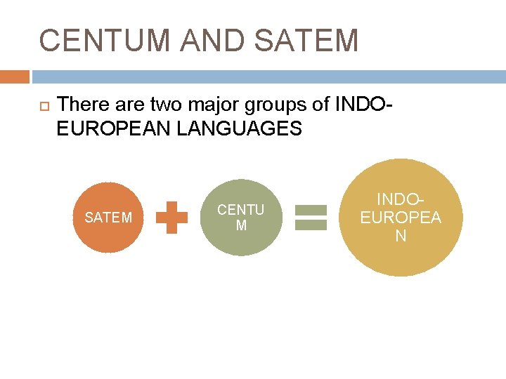 CENTUM AND SATEM There are two major groups of INDOEUROPEAN LANGUAGES SATEM CENTU M