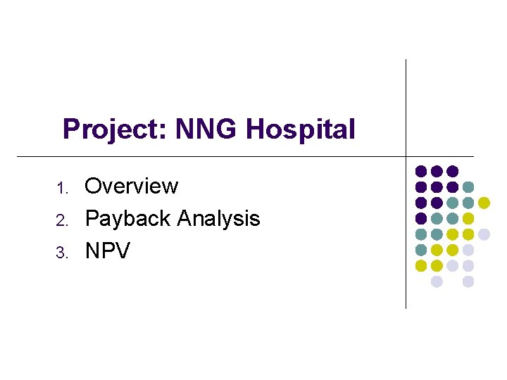 Project: NNG Hospital 1. 2. 3. Overview Payback Analysis NPV 