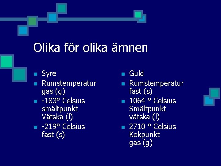 Olika för olika ämnen n n Syre Rumstemperatur gas (g) -183° Celsius smältpunkt Vätska