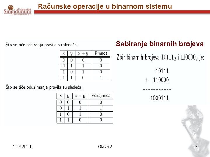 Računske operacije u binarnom sistemu Sabiranje binarnih brojeva 17. 9. 2020. Glava 2 17