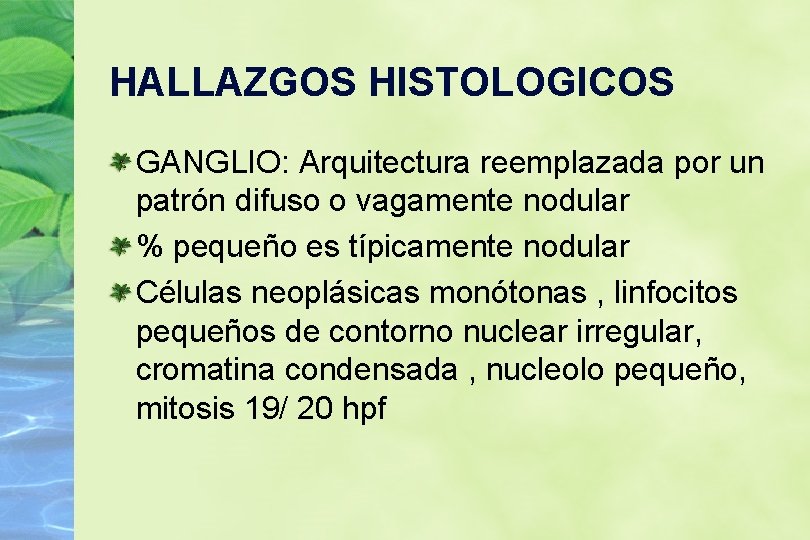 HALLAZGOS HISTOLOGICOS GANGLIO: Arquitectura reemplazada por un patrón difuso o vagamente nodular % pequeño