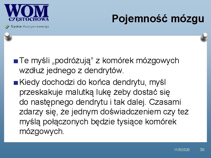 Pojemność mózgu Te myśli „podróżują” z komórek mózgowych wzdłuż jednego z dendrytów. Kiedy dochodzi