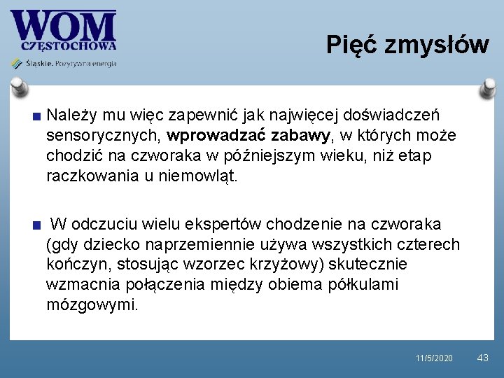 Pięć zmysłów Należy mu więc zapewnić jak najwięcej doświadczeń sensorycznych, wprowadzać zabawy, w których