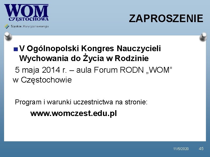 ZAPROSZENIE V Ogólnopolski Kongres Nauczycieli Wychowania do Życia w Rodzinie 5 maja 2014 r.
