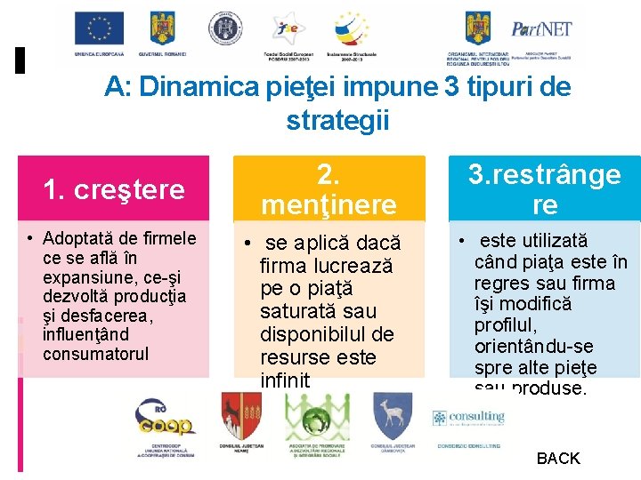 A: Dinamica pieţei impune 3 tipuri de strategii 1. creştere • Adoptată de firmele