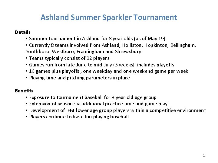 Ashland Summer Sparkler Tournament Details • Summer tournament in Ashland for 8 year olds