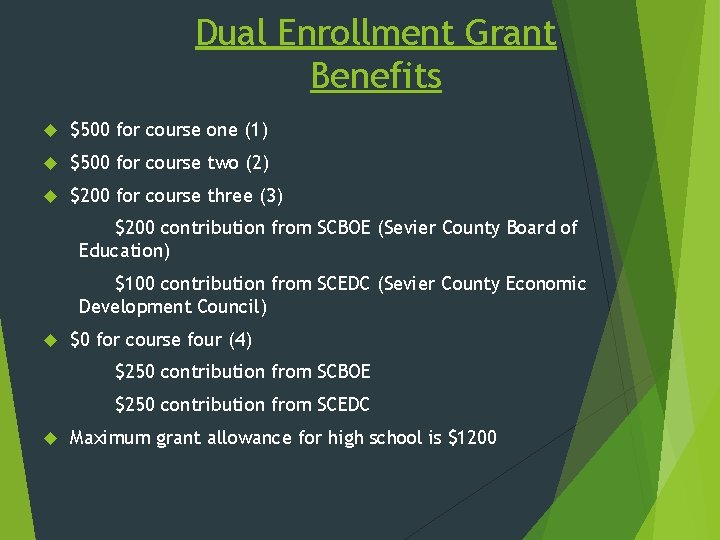 Dual Enrollment Grant Benefits $500 for course one (1) $500 for course two (2)