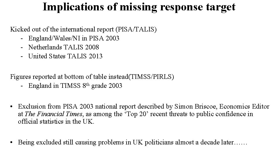 Implications of missing response target Kicked out of the international report (PISA/TALIS) - England/Wales/NI