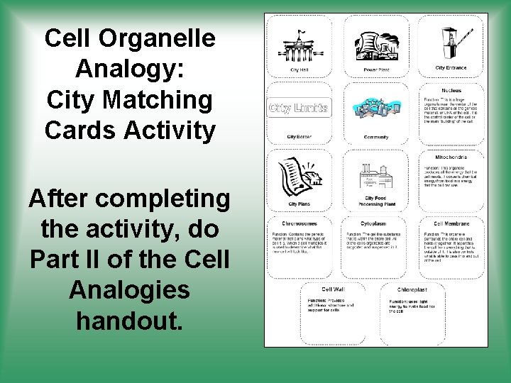Cell Organelle Analogy: City Matching Cards Activity After completing the activity, do Part II