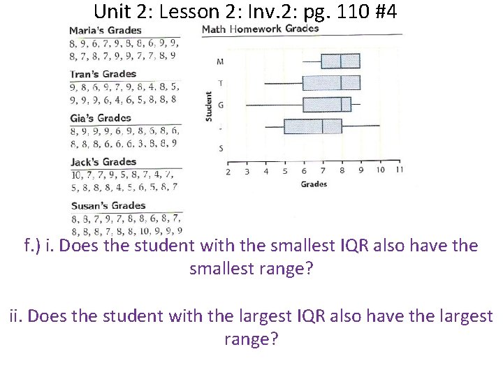 Unit 2: Lesson 2: Inv. 2: pg. 110 #4 f. ) i. Does the