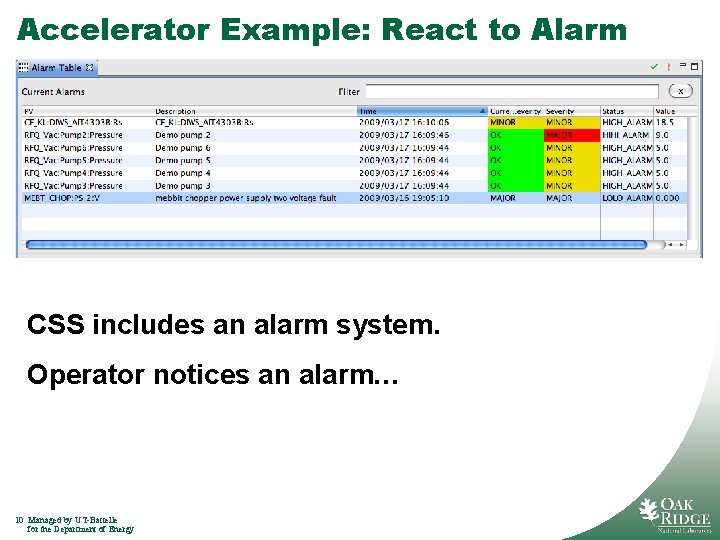 Accelerator Example: React to Alarm CSS includes an alarm system. Operator notices an alarm…