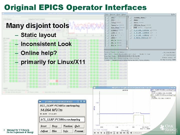 Original EPICS Operator Interfaces Many disjoint tools – – 2 Static layout Inconsistent Look