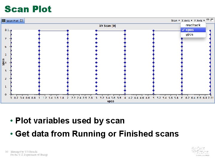 Scan Plot • Plot variables used by scan • Get data from Running or