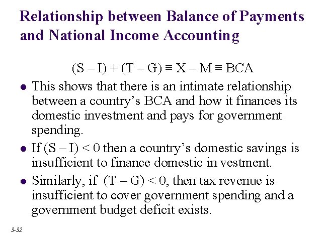 Relationship between Balance of Payments and National Income Accounting l l l 3 -32