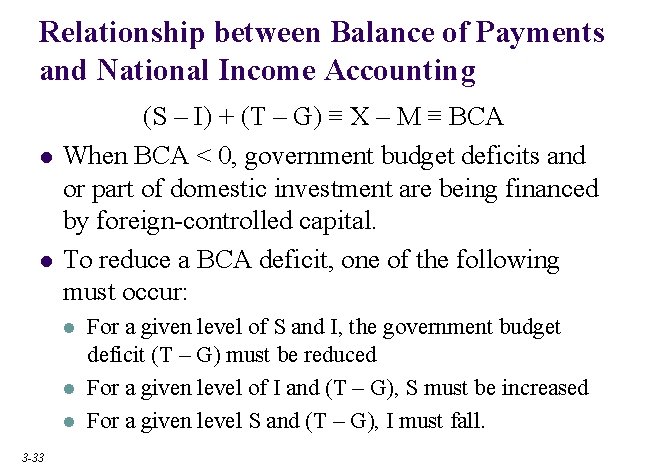 Relationship between Balance of Payments and National Income Accounting l l (S – I) Relationship between Balance of Payments and National Income Accounting l l (S – I)