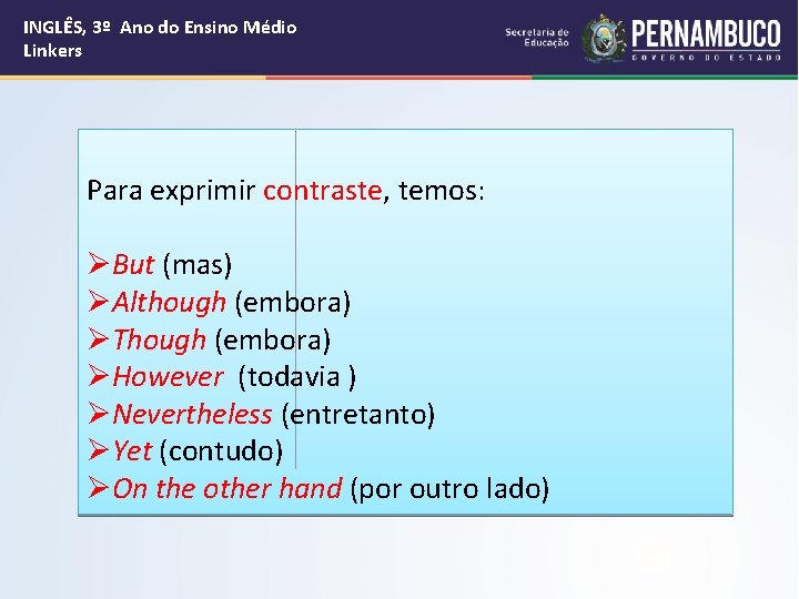 INGLÊS, 3º Ano do Ensino Médio Linkers Para exprimir contraste, temos: ØBut (mas) ØAlthough