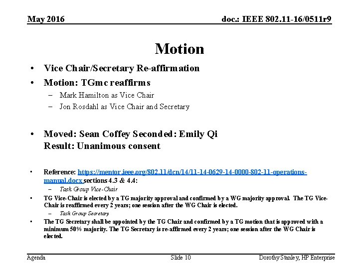 May 2016 doc. : IEEE 802. 11 -16/0511 r 9 Motion • Vice Chair/Secretary