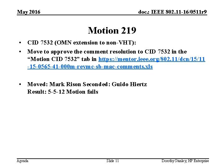 May 2016 doc. : IEEE 802. 11 -16/0511 r 9 Motion 219 • CID
