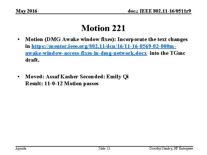 May 2016 doc. : IEEE 802. 11 -16/0511 r 9 Motion 221 • Motion