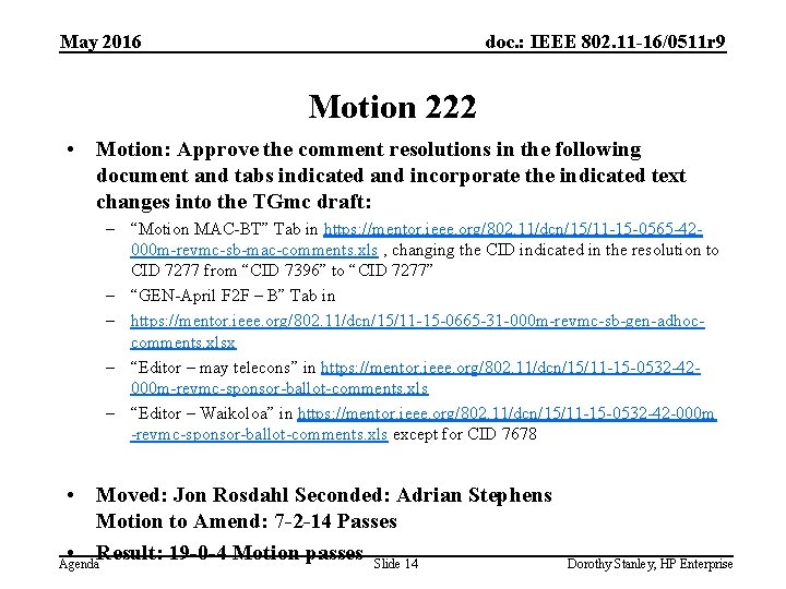May 2016 doc. : IEEE 802. 11 -16/0511 r 9 Motion 222 • Motion: