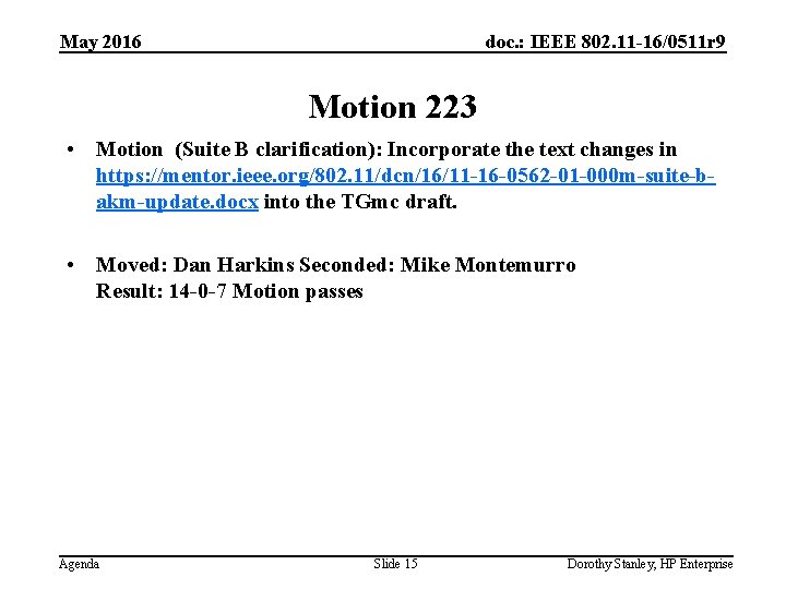 May 2016 doc. : IEEE 802. 11 -16/0511 r 9 Motion 223 • Motion