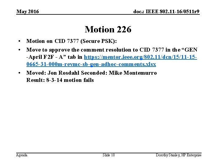 May 2016 doc. : IEEE 802. 11 -16/0511 r 9 Motion 226 • Motion