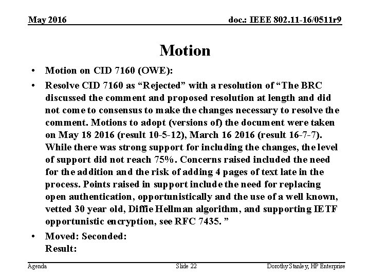 May 2016 doc. : IEEE 802. 11 -16/0511 r 9 Motion • Motion on